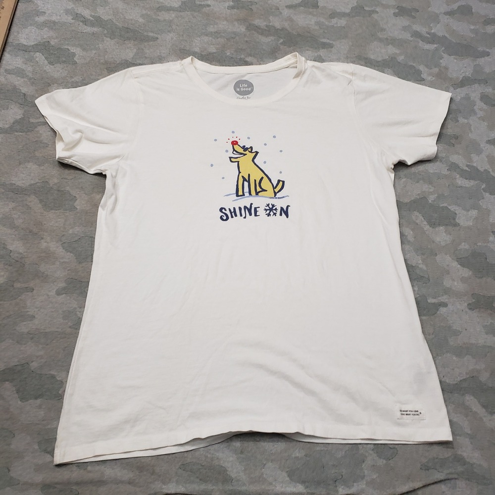 Life is Good Crusher Tee Top Womens Large White Short Sleeve Outdoors Travel